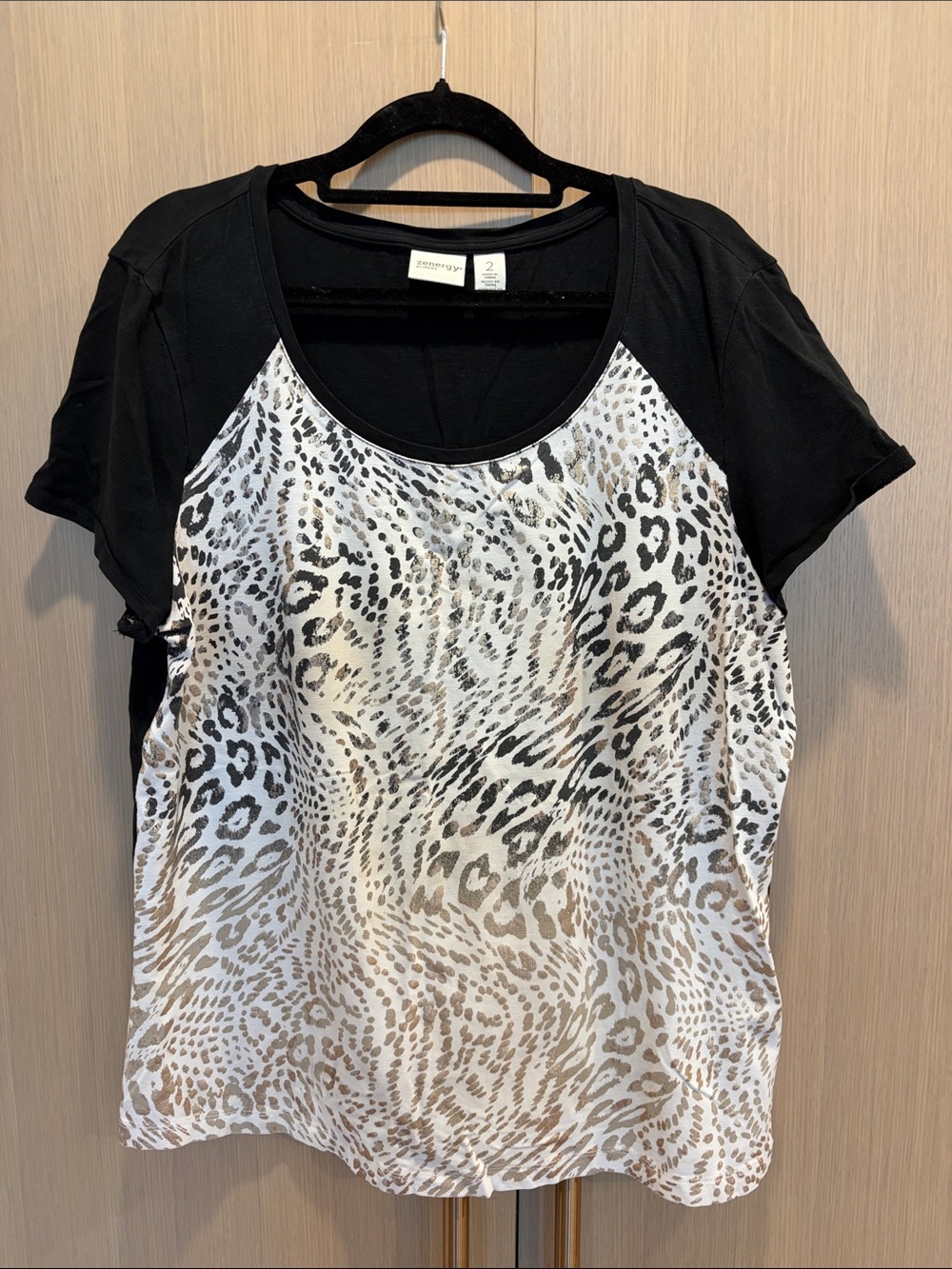 Black Short Sleeve Tee with Neutral Animal Print Front Panel